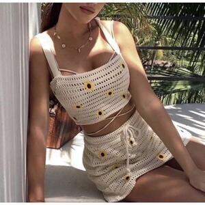 🌼 New Zara Floral Sunflower Knit Embroidered Crocheted Skirt Set 🌼